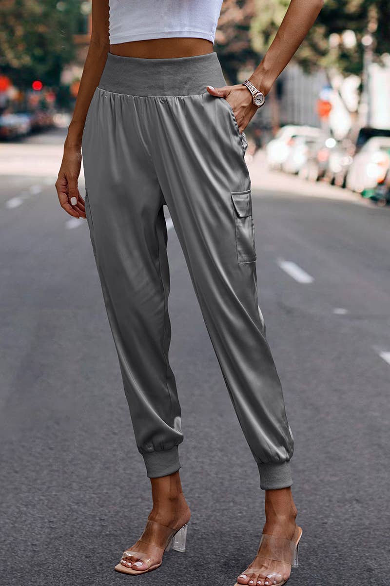Elings - Wholesale Pants - Women's - High Waist Long Pant Trousers With Pocket Satin Jogger Pants11