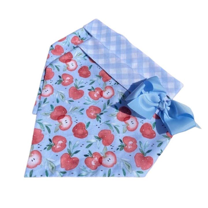 Apples Bright Red Dog Bandana with Light Blue Gingham Back for wholesale by Chloe & Max LLC