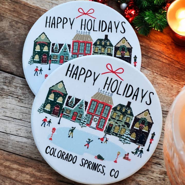 With Love Louise – wholesale Coasters – Custom Ceramic Winter Village Holiday Coasters