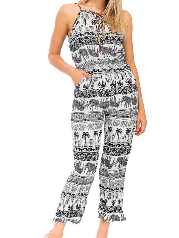 Cap Zone - Wholesale Jumpsuit - Women's - Detailed Elephant Print Summer Jumpsuit