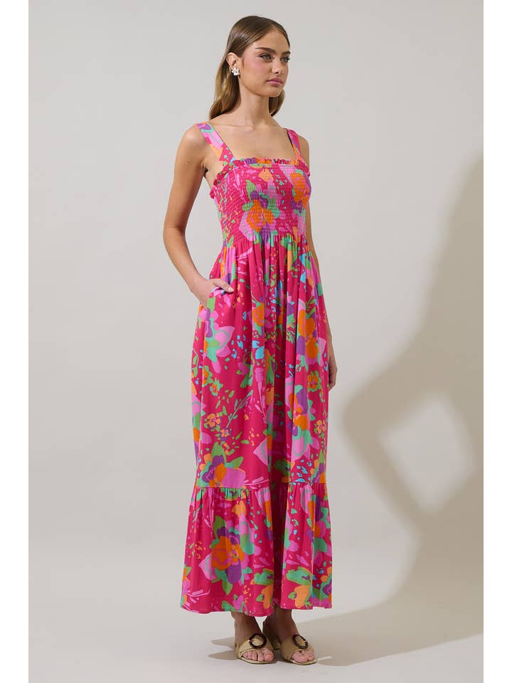 FUCHSIA MULTI Himera Floral Kells Smocked Maxi Dress for wholesale on Faire