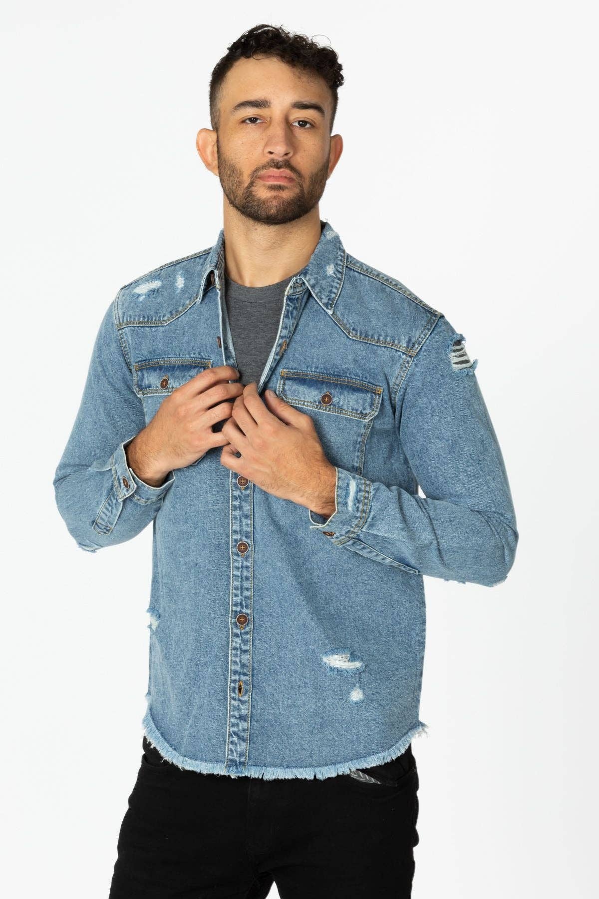 LIGHT WASHED Men's Denim Shirt with Distressed for wholesale on Faire1