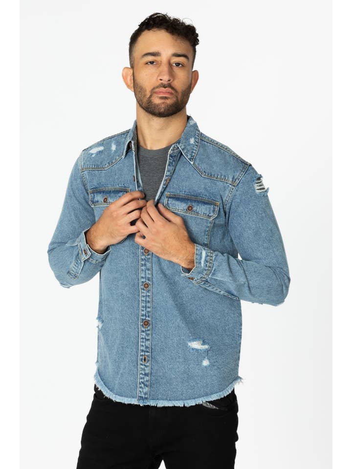 LIGHT WASHED Men's Denim Shirt with Distressed for wholesale on Faire1