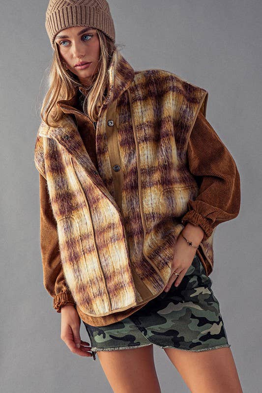 Heyday - Wholesale Outerwear Vest - Women's - VINTAGE PLAID OVERSIZED WOOL VEST0