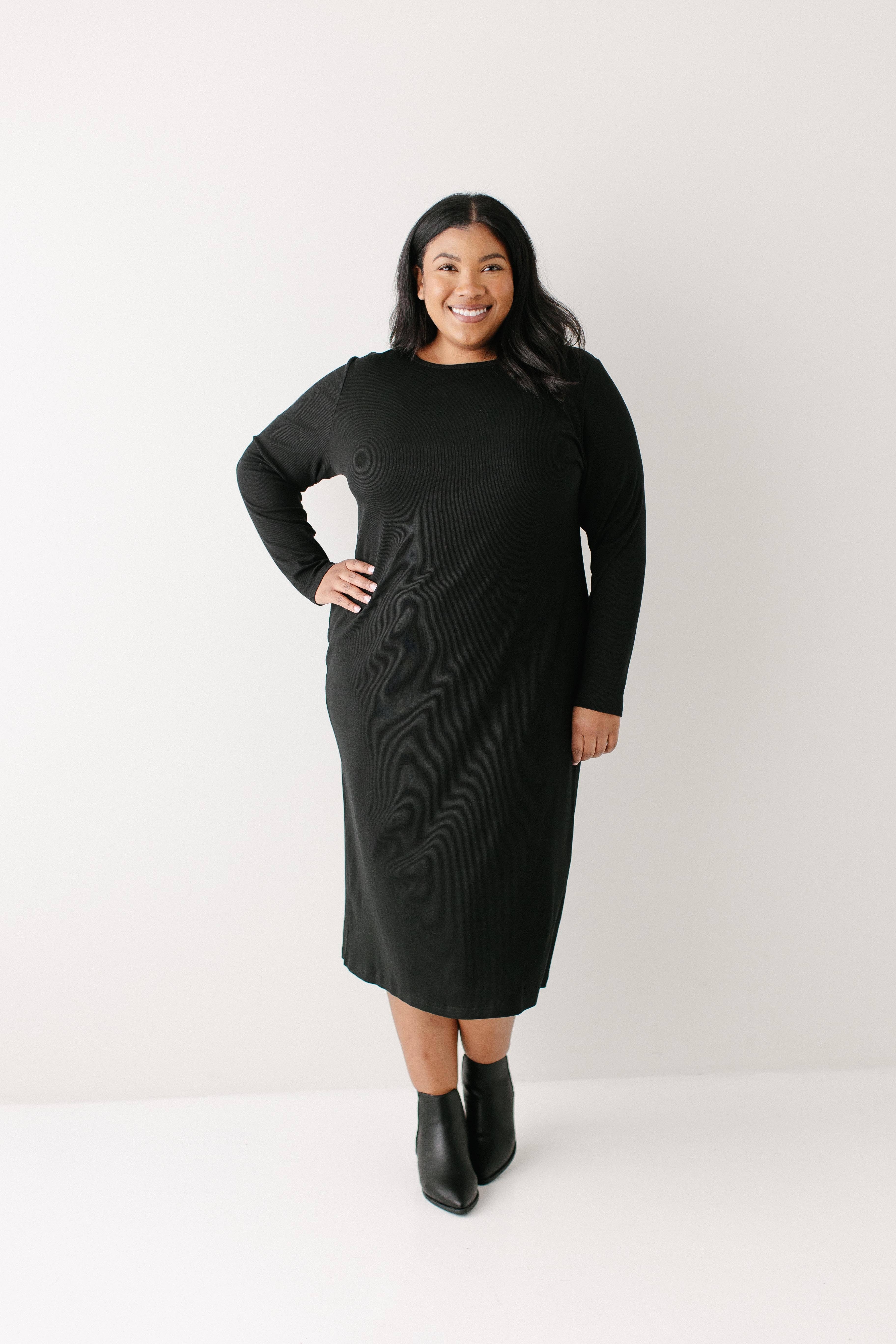 Black 'Constance' Bamboo Blend Ribbed Long Sleeve Midi Dress for wholesale on Faire4