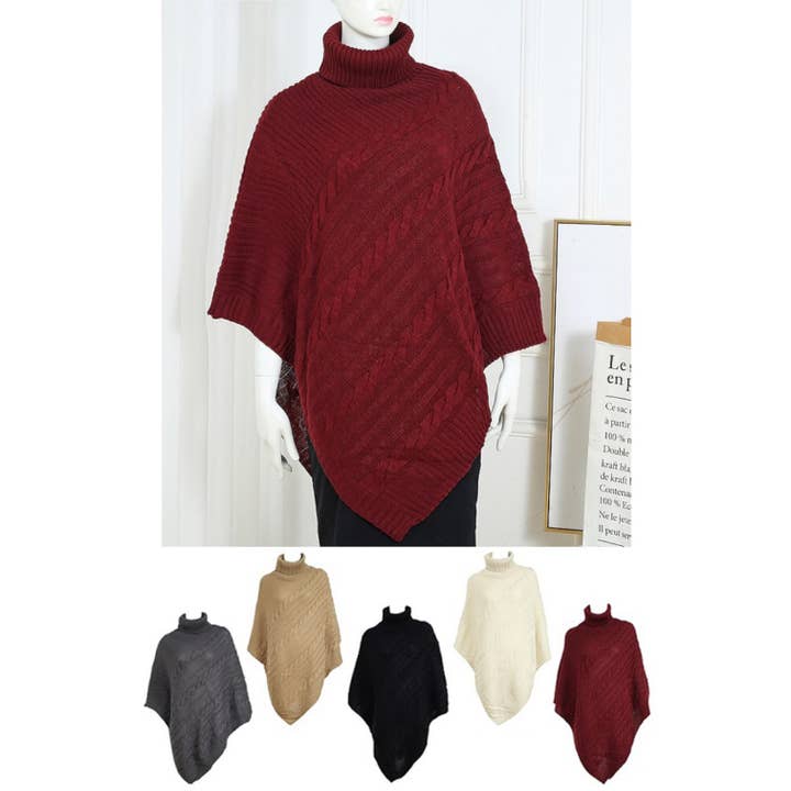 Turtle Neck Pattern Knit Winter Poncho Set for wholesale by LA Jewelry Plaza