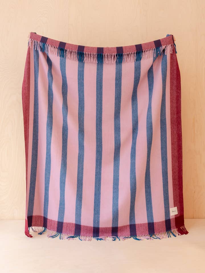Recycled Wool Blanket in Berry Frame Stripe for wholesale by TBCo