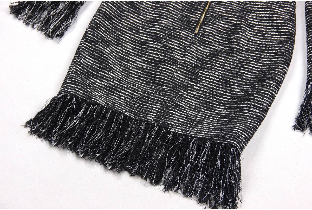 Black DR062 Women Shiny Detail Tweed Fringed Dress for wholesale on Faire7