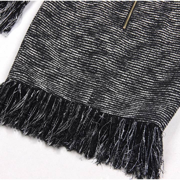 Black DR062 Women Shiny Detail Tweed Fringed Dress for wholesale on Faire7