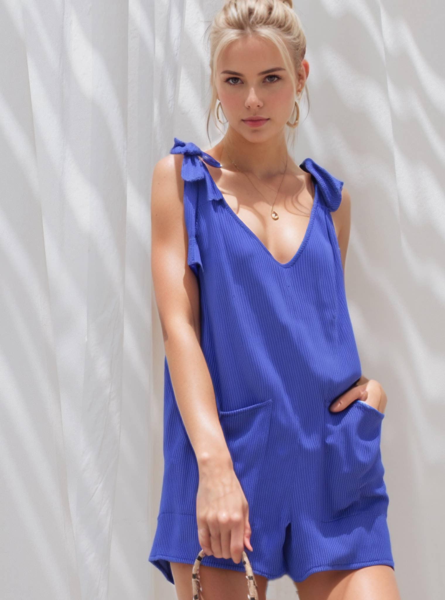 Burgundy Apparel - Wholesale Romper - Women's - WAVE RIB V-NECK SHOULDER TIE ROMPER4