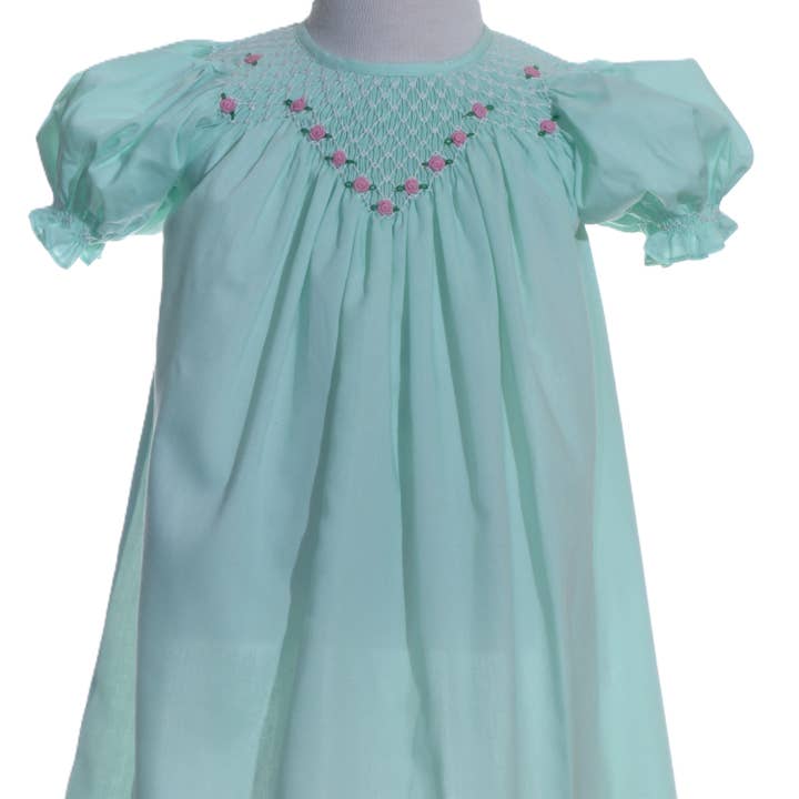 Vestito Vescovile a Maniche Corte Turchese Geo con Rose Smokato per la vendita all'ingrosso da parte di Hello Bebes!