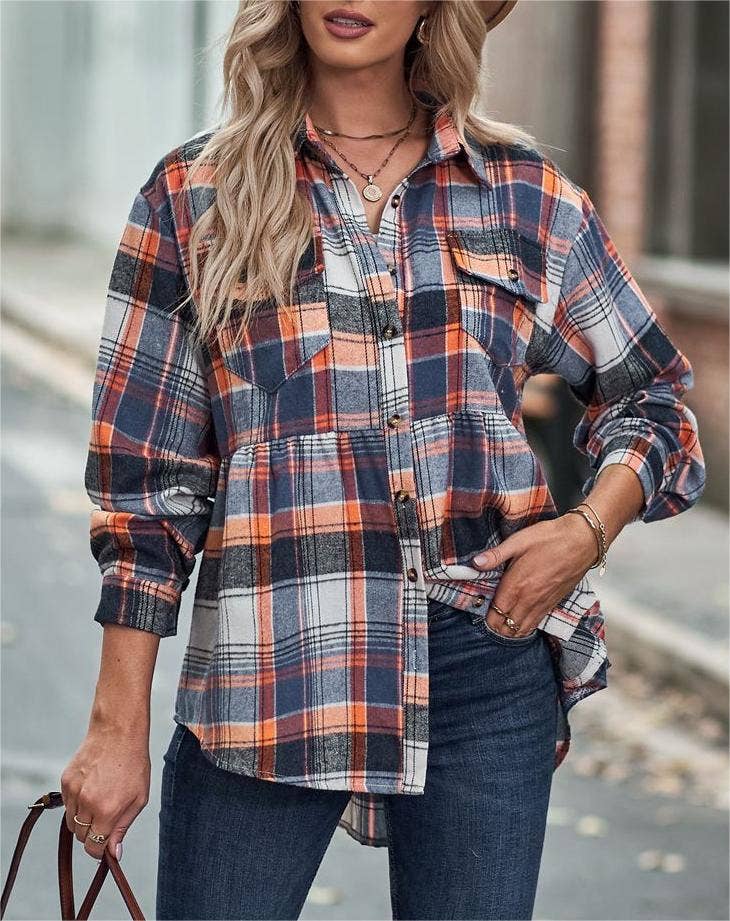 Rosa Clothing - Wholesale Button Down Shirt - Women's - Pocket long-sleeve plaid shirt jacket20