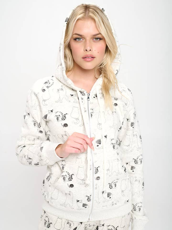 Over Cat Print Zip-Up Hættetrøje for engroshandel hos SM WARDROBE