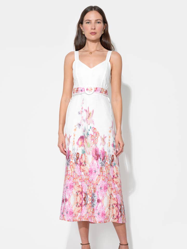 Remi V-Neck Floral Placement Midi Dress for wholesale by Adelyn Rae