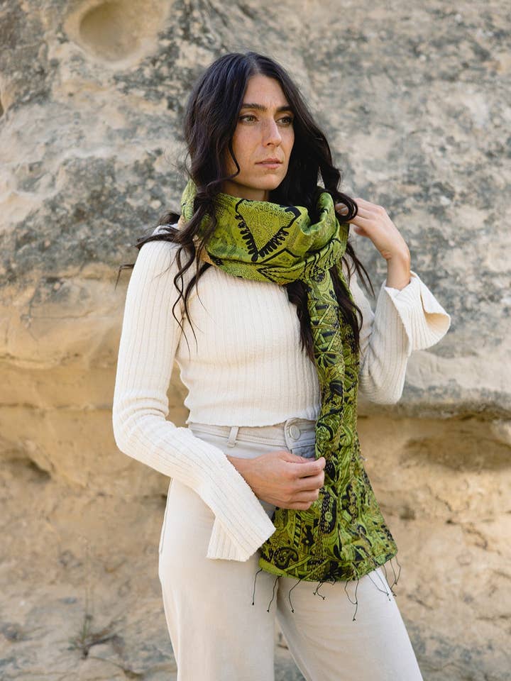 The Skinny Kantha Scarf in the Lush Rainforest Palette for wholesale by Village Artisan