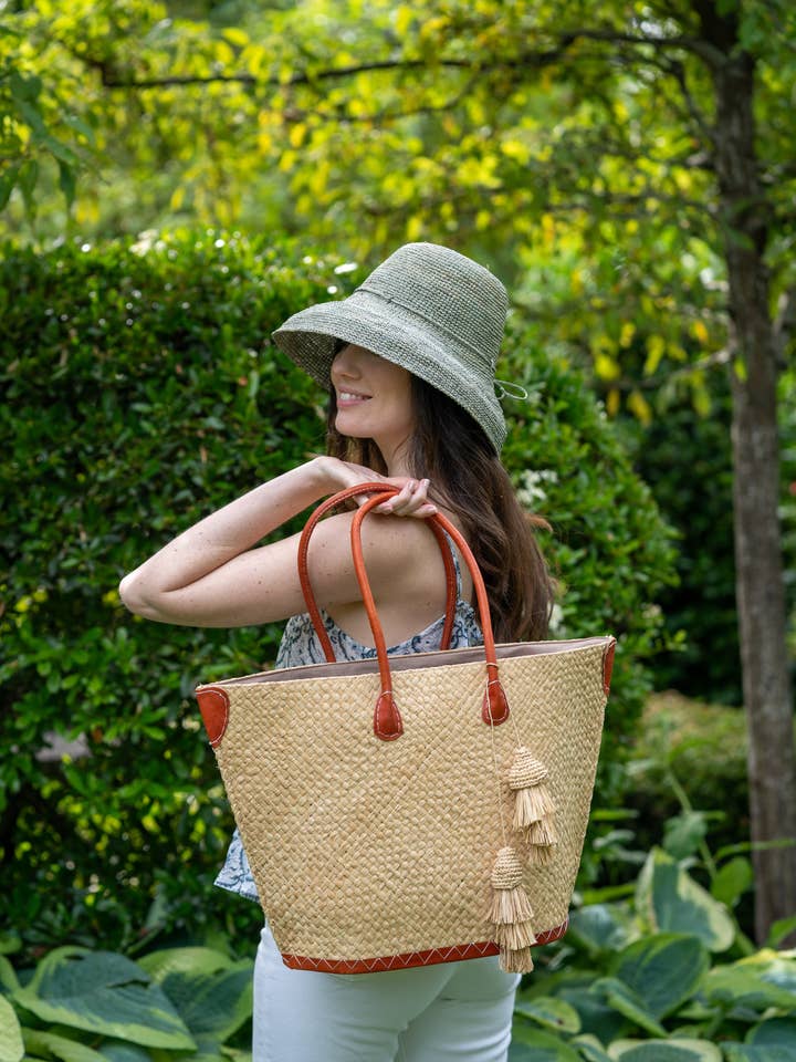 Santa Ynez Small Woven Straw Tote Bag with Tassel Charm for wholesale by Shebobo