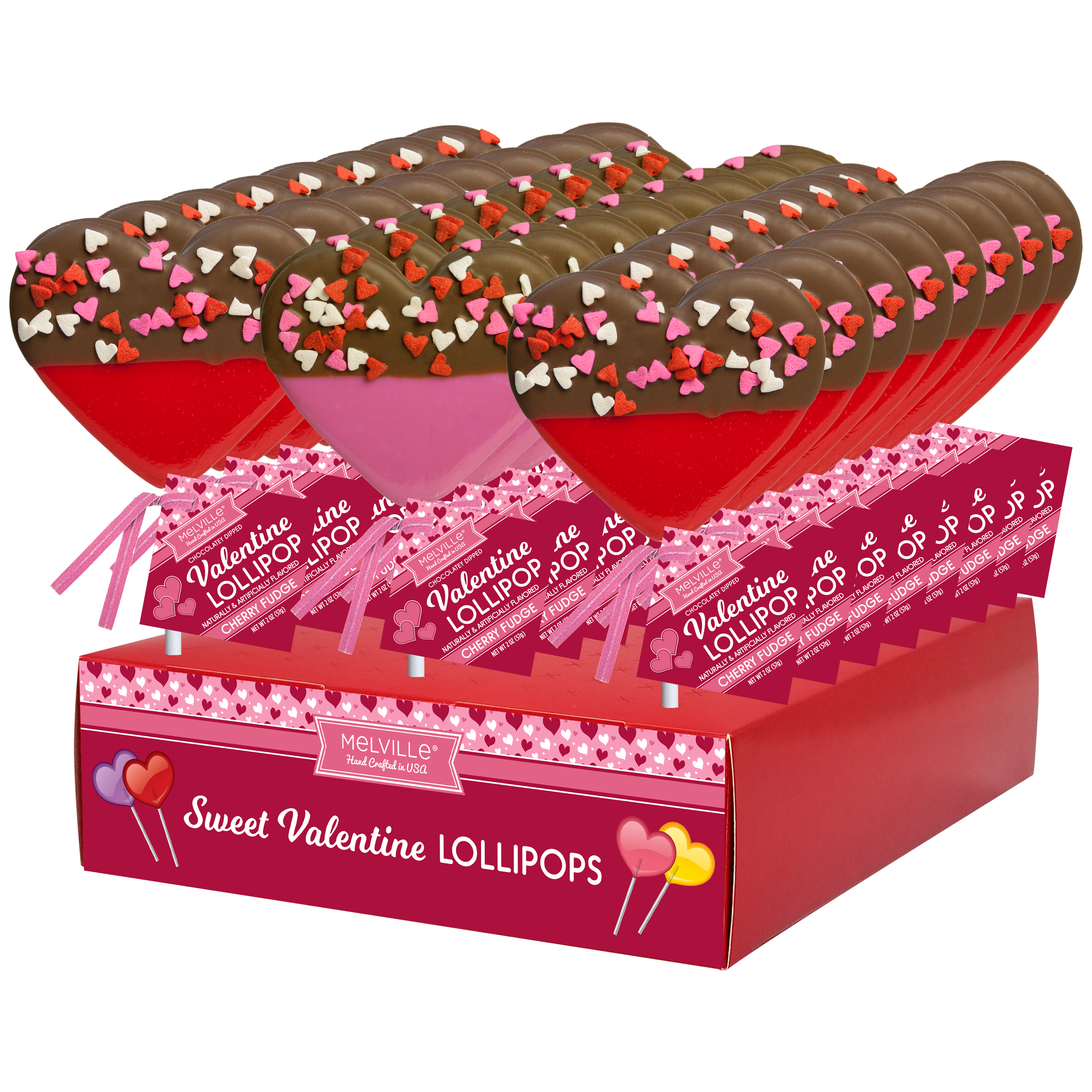 Melville Candy Company - Wholesale Lollipop - Chocolate-Dip Confetti Heart Lollipops - Red & Pink0