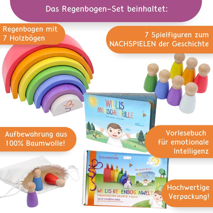SCHMETTERLINE - Wholesale Wood Toy - Kids - “Willis magic glasses” - wooden rainbow with wooden figures and2