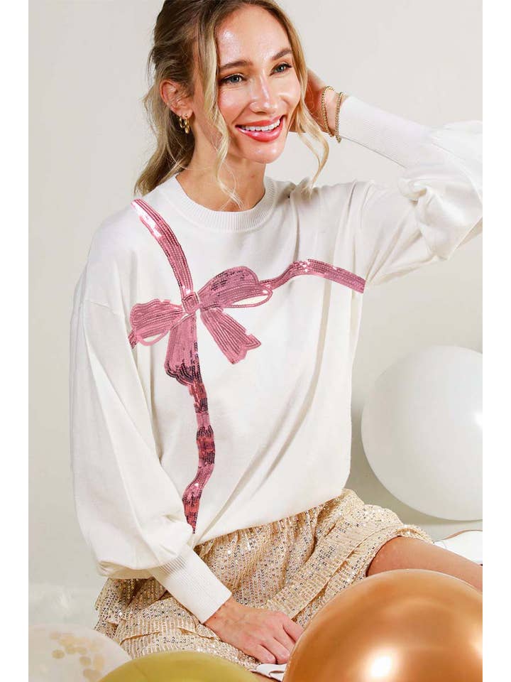 Vine & Love - Wholesale Knit Sweater - Women's - Bow Embroidered Sequin Trim Knitted Sweater Top VT81862