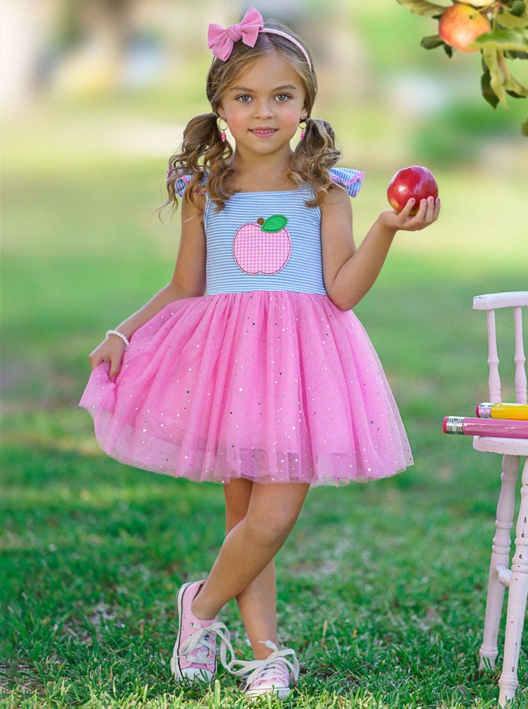 Pink Cap-Sleeve Apple Applique Dress w/ Tulle Sequin Tutu for wholesale on Faire5