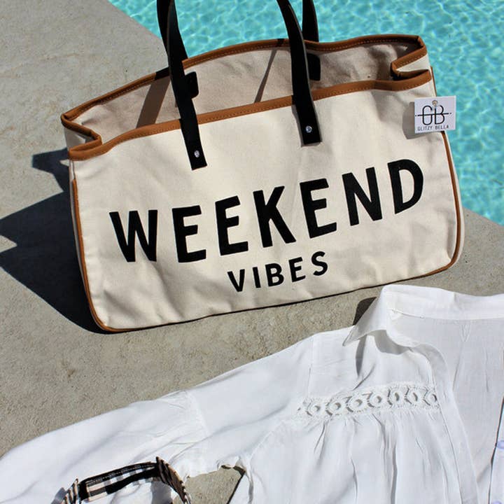 White Alicia WEEKEND VIBES Canvas Tote for wholesale on Faire4