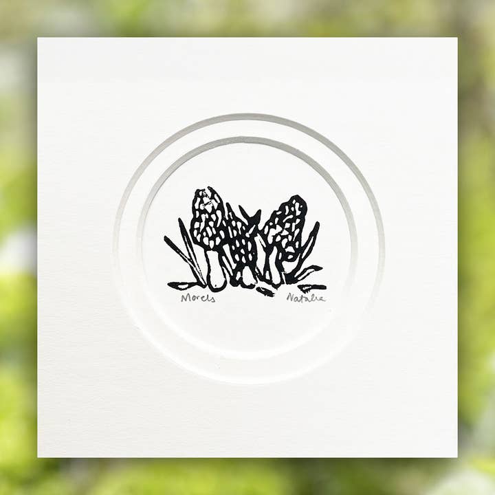 Mini Morel Mushrooms Original Block Print for wholesale by Peninsula Prints