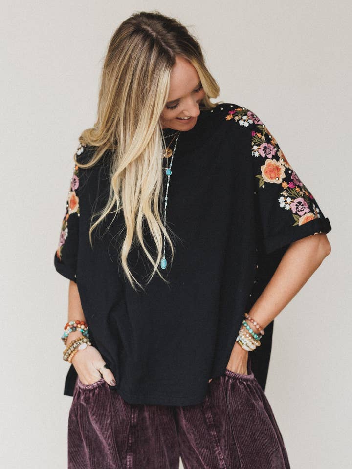 Tomcat Studded High Low Top - Black Floral Embroidery for wholesale by Three Bird Nest