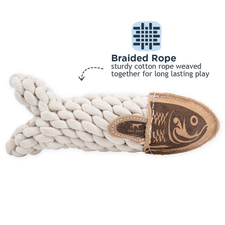 Tall Tails - Wholesale Pet Rope Toy - Dog - Natural Leather Crunch Fish Rope Dog Toy 2