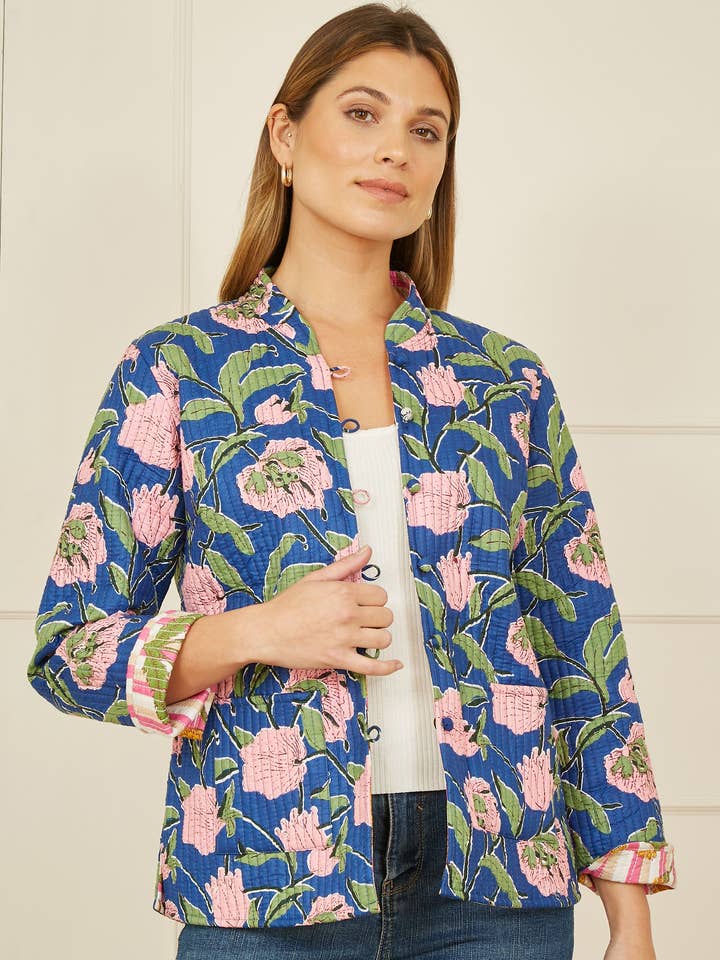 Yumi Pink Floral Reversible Cotton Quilted Jacket for wholesale by Yumi