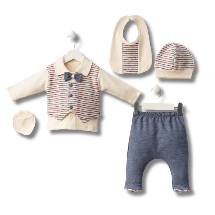 Bomuldsstribet babydrengeveststil outfitsæt, 5 stk, 0-3m for engroshandel hos Omnis Pura