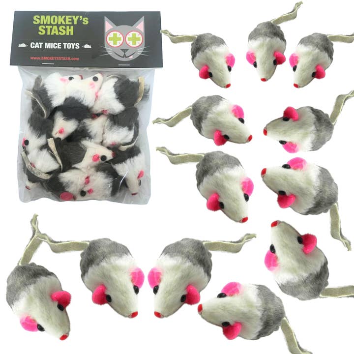 Smokey's Stash - Wholesale Pet Toy - Cat - Smokey's Stash Gray & White Faux Fur Cat Mice Toy 12 Pack