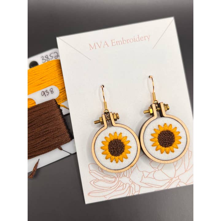 MVA Embroidery - Wholesale Dangle Earrings - Hand Embroidered Sunflower Earrings