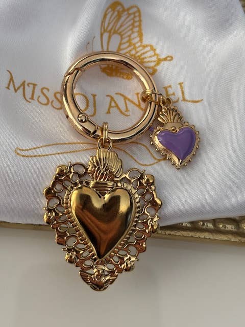 Miss DJ Angel - Wholesale Keychain – Women's - Ex-voto sacred heart charms, ex-voto bag charms, sacred heart charms gift for women, golden and purple heart charms.3