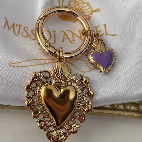 Miss DJ Angel - Wholesale Keychain - Women's - Ex-voto sacred heart charms, ex-voto bag charms, sacred heart charms gift for women, golden and purple heart charms.3