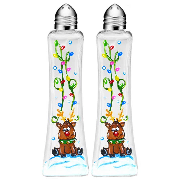 Rudolph Reindeer Hand-Painted Tall Salt Pepper Shaker for wholesale by Classy Art Designs, LLC