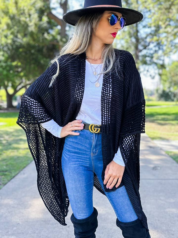 Black 3D Texture Lace Knit Detail Soft shawl Kimono Cardigan for wholesale on Faire1
