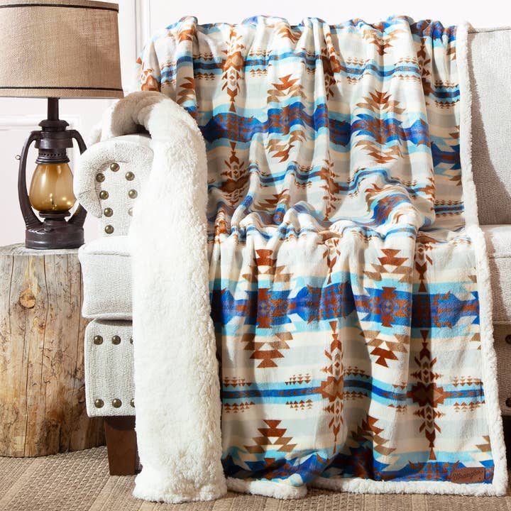 Wrangler® Stack Rock Southwest Plush Sherpa Throw for wholesale by Carstens, Inc.