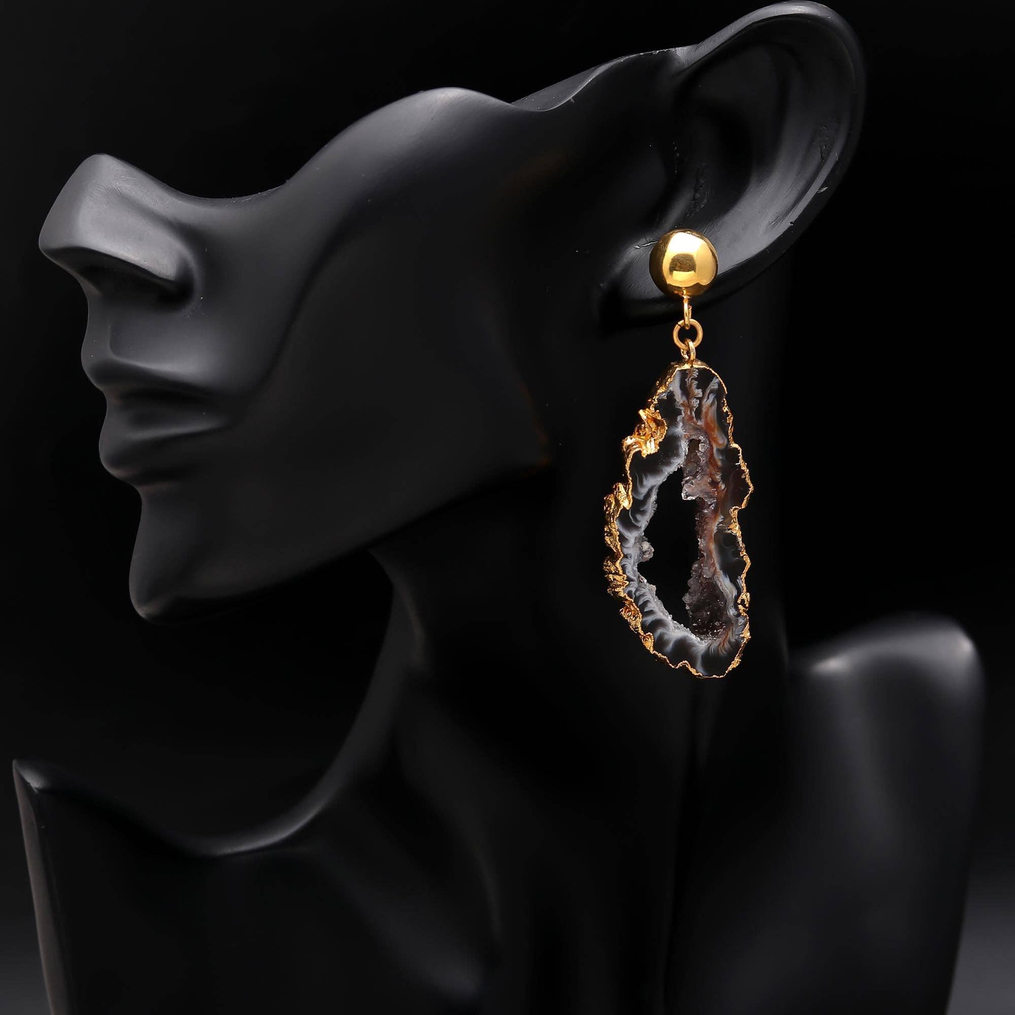 AG 925 JEWELLERY - Venta al por mayor Pendientes colgantes - Pendientes colgantes de latón hipoalergénico con geoda de tabaco y ágata drusa.1