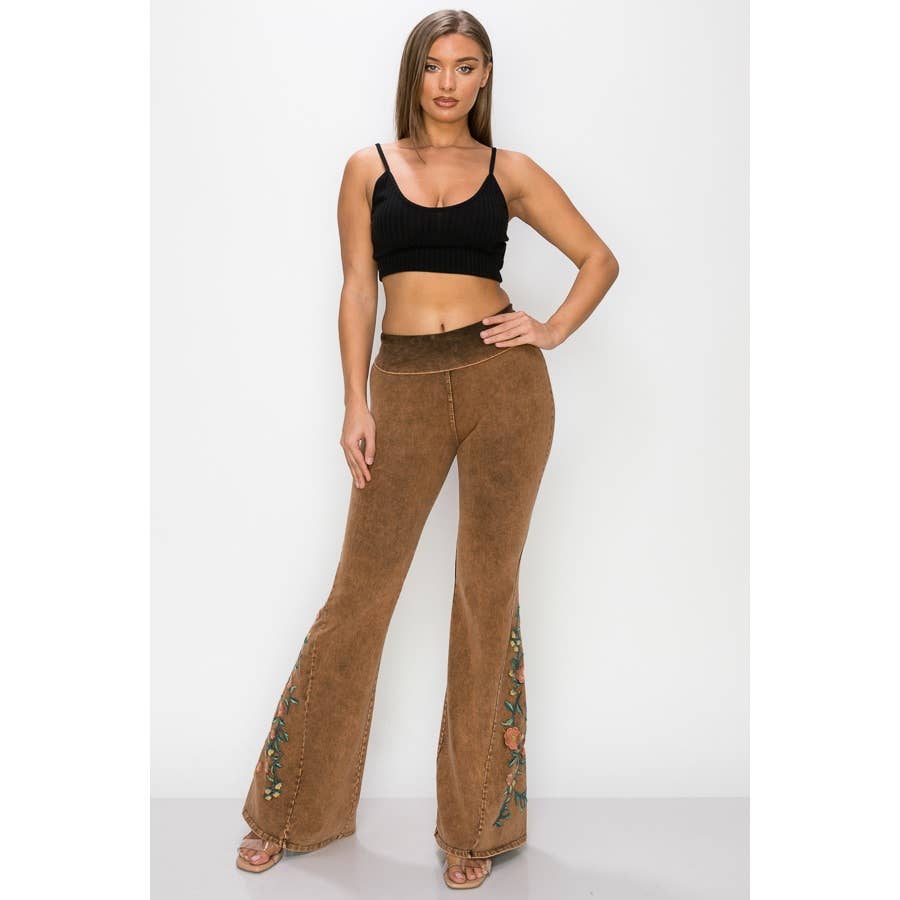 CAMEL Mineral Wash Floral Embroidery Flare Pants for wholesale on Faire3
