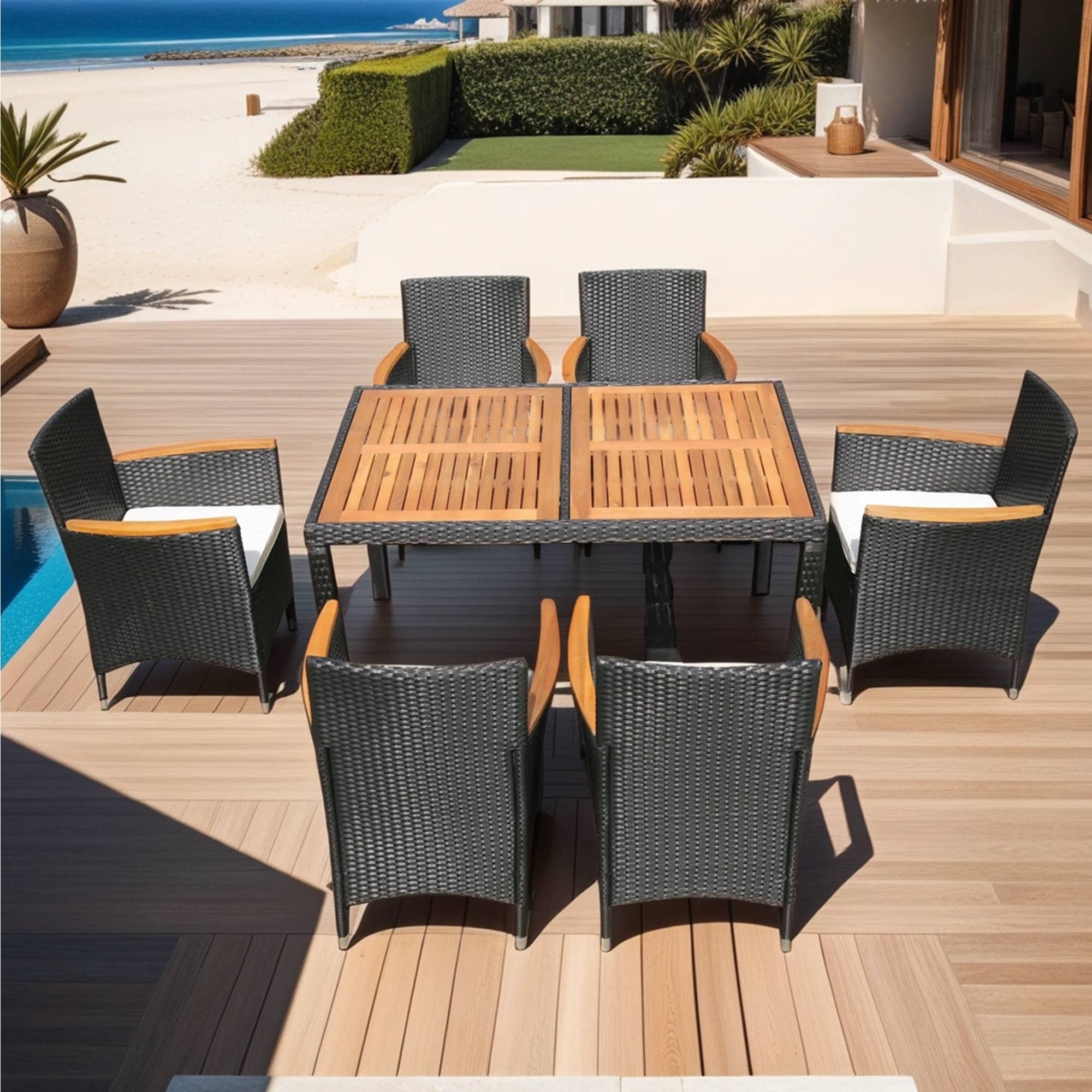 39F Inc. - Wholesale Patio Set - 7-Piece Outdoor Patio Wicker Dining Set with Acacia Wood Top12