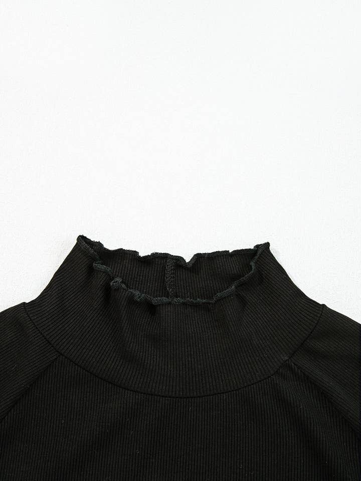 Lovesoft – wholesale Knit top – Women's – Black Ribbed Knit Lettuce Trim High Neck Long Sleeve Top5
