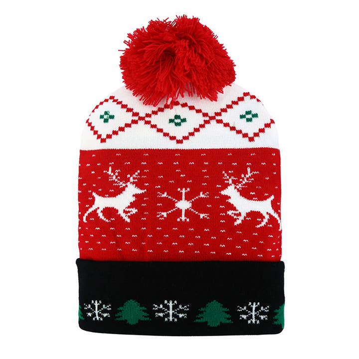 Sensibling Corp. - Wholesale Beanie – Women's - Reindeer Snowflake Christmas Tree Pattern Pom Pom Winter Beanie Hat1
