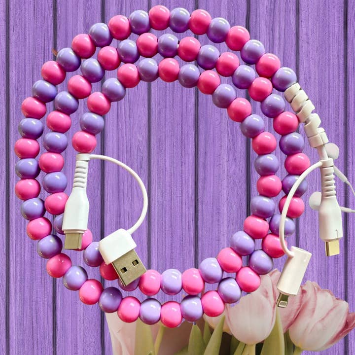 Pink & Purple 4-in-1 Beaded Charging Cable for wholesale by The Onion Patch