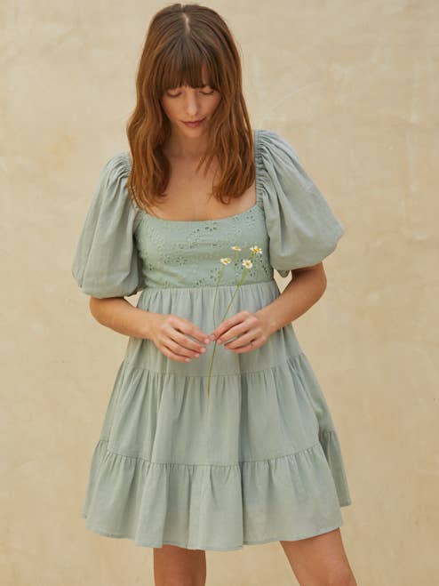 L6125 | Woven Cotton Gauze Eyelet Detail Babydoll Dress for wholesale by By Together