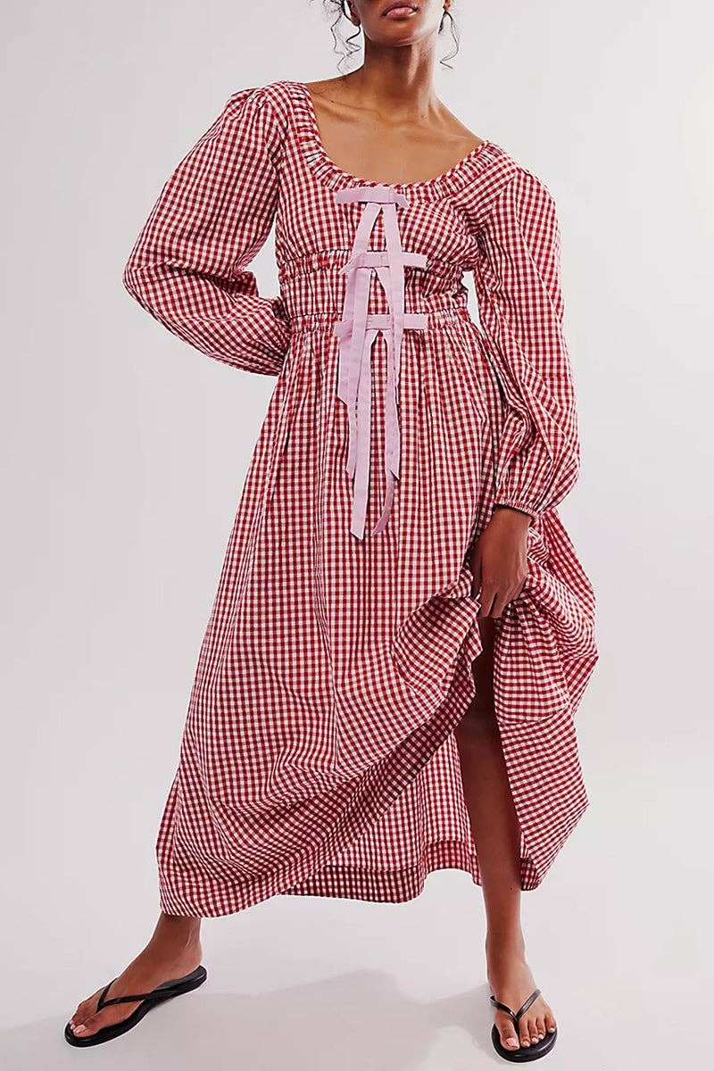 Mccolin – Großhandel Kleid – Damen – Gingham-Kleid mit Puffärmeln im Casual-Stil0