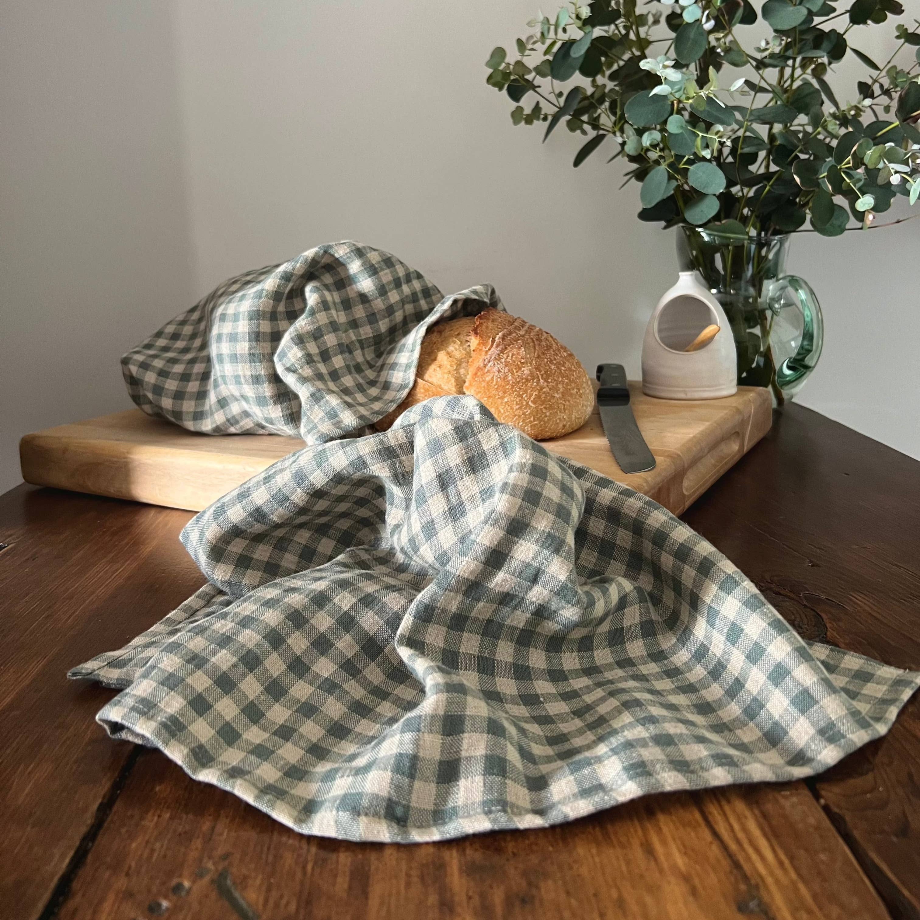 Helen Round - hand printed linen (US Duties Paid) - Wholesale Tea Towel - Linen Tea Towel, Linen Dishcloth, Sea Green Check Linen1