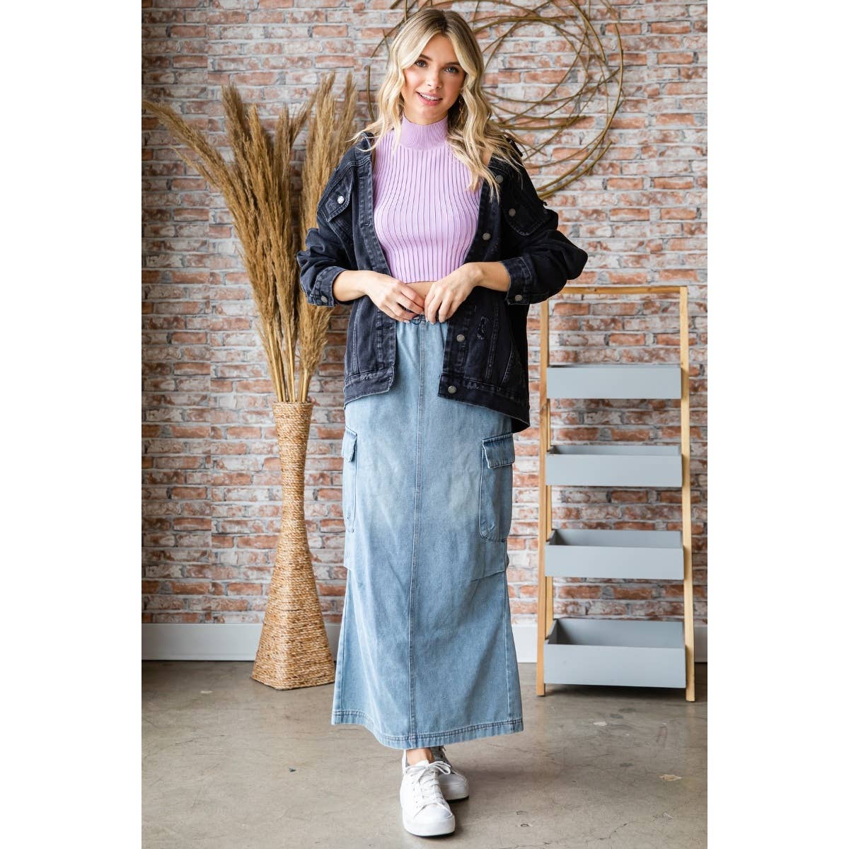Med Wash Denim Cargo Full Long Skirt for wholesale on Faire2