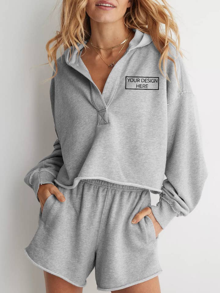 Customizable Washed V-Neck Hooded Pullover Loose Fit Sweatshirt for wholesale by Suhkasana