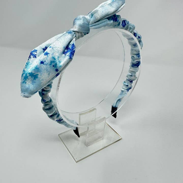 Christmas - Velvet Bunny Ear Headband - Blue & White Snowflake for wholesale by Bowtastic Hair Accessories