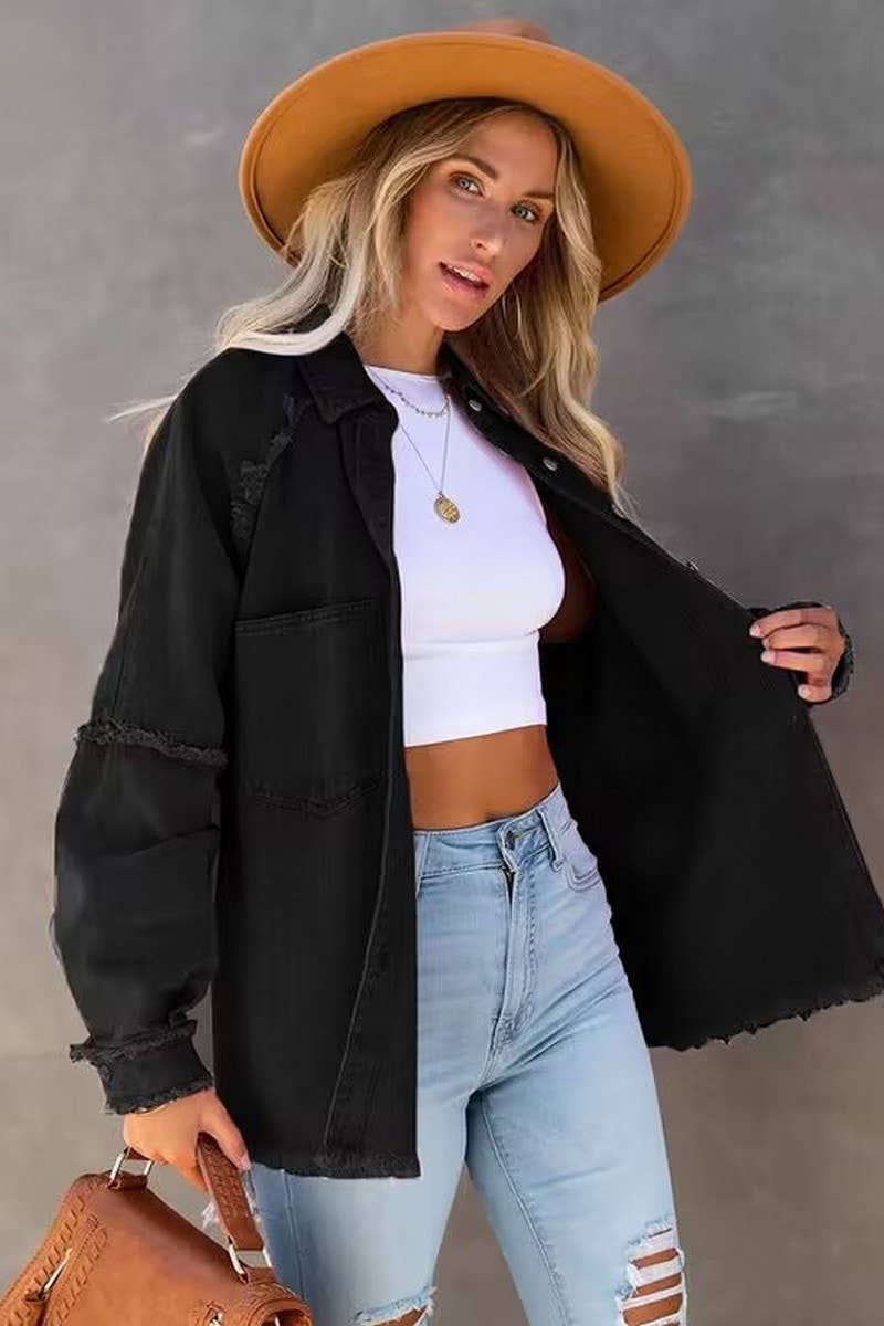 Lily Clothing - Wholesale Jacket - Women's - Loose raw edge patchwork pocket denim shirt jacket7